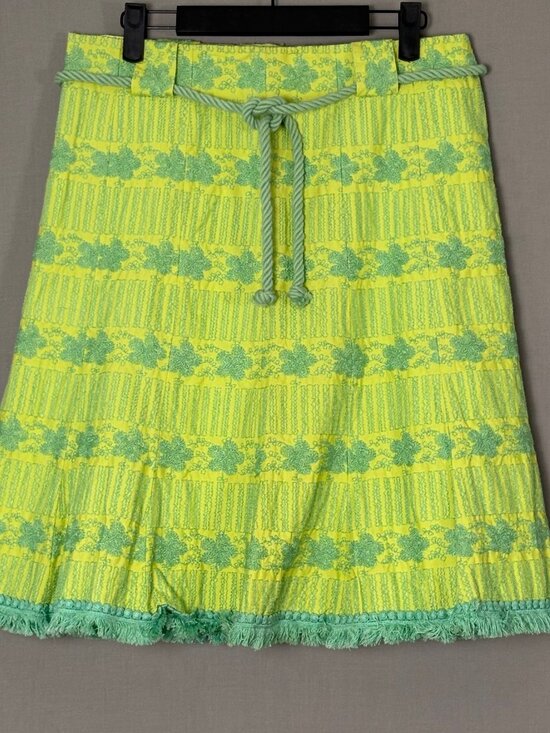 Nanette Lepore Dresses & Skirts - Nanette Lepore Aqua Neon Green Textured Skirt Fringe Hem Belted Size 8 Lined